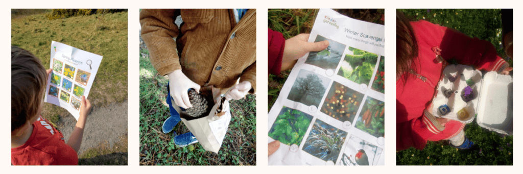 a selection of nature themed scavenger hunt ideas for children. spring, summer, autumn and winter scavenger hunt ideas
